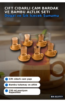 Cift Cidarli 150 Ml 6 Adet Cam Cay Bardagi Ve 6 Adet Bambu Altlik Seti Bx-313777 çok renkli