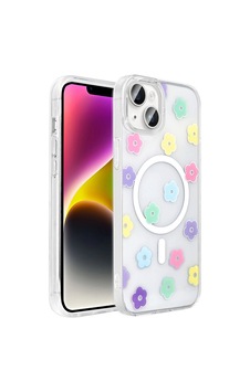 Apple Uyumlu iPad iPhone 15 Plus Kılıf M-safe Şarj Özellikli Şeffaf Zore Folk Sert Kapak Papatya