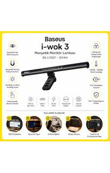 Baseus İ-wok 3 Manyetik Monitör Lambası Bs-lt007 Siyah Asimetrik Göz Koruyucu Ekran Işığı Usb-c 270 Ayarlanabilir 2700k-6000k Baseus İ-wok 3 Manyetik Monitör Lambası Bs-lt007 Siyah Asimetrik Göz Koruyucu Ekran Işığı Usb-c 270 Ayarlanabilir 2700k-6000k