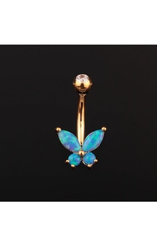 Opal Taşlı Kelebek Model Göbek Piercingi Kelebek Göbek Piercingi Siyah - Yeşil