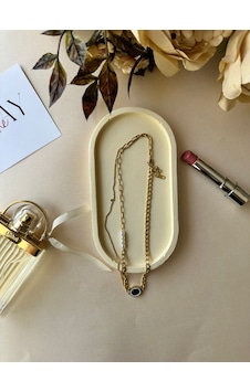 Muray Shine Siyah Taşlı İnci Detaylı Zarif Vintage Çelik Kolye Gold Muray Shine Siyah Taşlı İnci Detaylı Zarif Vintage Çelik Kolye Gold