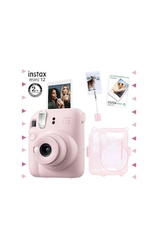 Fujifilm Instax Mini 12 Fotoğraf Makinesi + 10'lu Film + Kıskaçlı Resim Standı + Simli Pleksi Kılıf Seti Pembe
