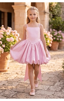 Butik Happy Kids Kız Çocuk Abiye Pembe Monoray Parlak Kumaş Balon Etekli Askılı Fiyonklu Abiye Elbise 9-12 Yaş Doğum Günü Düğün Davet Elbisesi