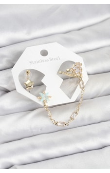 Mey İthalat Yıldız Model Pirinç Gold Renk Zincir Bağlantılı Ear Cuff Küpe Seti Renkli Mey İthalat Yıldız Model Pirinç Gold Renk Zincir Bağlantılı Ear Cuff Küpe Seti Renkli