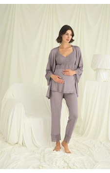 Dododan Dantelli Hamile Lohusa 3lü Pijama Takımı Gri