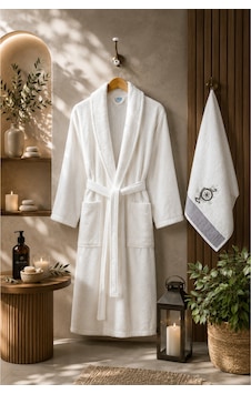 Havlulu Bornoz 2'li Set Bornoz + 50 X 85 Cm Baş Havlusu, Pamuklu, Cepli, Spa Ve Otel Konforu Krem Havlulu Bornoz 2'li Set Bornoz + 50 X 85 Cm Baş Havlusu, Pamuklu, Cepli, Spa Ve Otel Konforu Krem