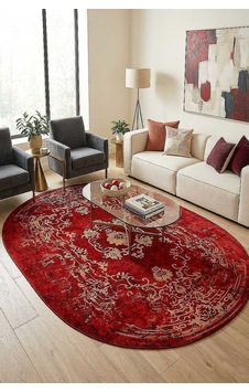 Vintage Desenli Yıkanabilir Pamuk Taban Dekoratif Oval Halı Kırmızı Vintage Desenli Yıkanabilir Pamuk Taban Dekoratif Oval Halı Kırmızı