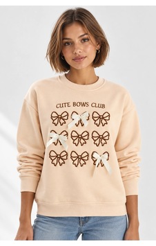 Mevese Kadın Fiyonk Nakışlı Kurdele Aksesuarlı Sweatshirt - Üç İplik Şardonlu Sıcak Tutan Üst - Bej Mevese Kadın Fiyonk Nakışlı Kurdele Aksesuarlı Sweatshirt - Üç İplik Şardonlu Sıcak Tutan Üst - Bej