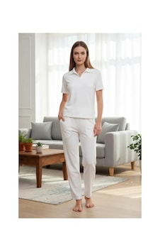İkikareshop Özel Tasarım Kadın Beyaz Polo Yaka Pijama Takımı %100 Pamuk Çok Renkli İkikareshop Özel Tasarım Kadın Beyaz Polo Yaka Pijama Takımı %100 Pamuk Çok Renkli