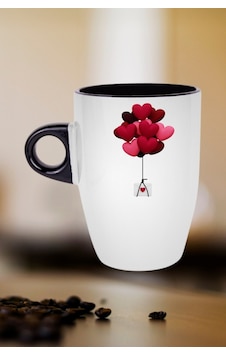 Uçan Kalpler Baskılı Kupa Bardak Porselen Latte Filtre Kahve Fincanı Hediye Siyah