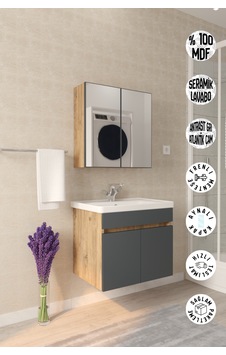 Tokyo 65 Cm Banyo Dolabı Takımı Aynalı Mdf Gövde Seramik Lavabolu Atlantik Çam - Antrasit Gri Tokyo 65 Cm Banyo Dolabı Takımı Aynalı Mdf Gövde Seramik Lavabolu Atlantik Çam - Antrasit Gri