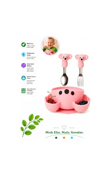 Pembe Koala Premium Çocuk Vakumlu Silikon Beslenme Mama Kase, Paslanmaz Çelik Çatal-kaşık 9+ Ay Pembe Koala Premium Çocuk Vakumlu Silikon Beslenme Mama Kase, Paslanmaz Çelik Çatal-kaşık 9+ Ay