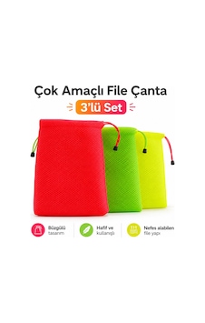 3 Lü Çok Amaçlı File Çanta Seti Büzgülü, Hafif, Nefes Alan Renkli Düzenleyici Çanta Çok Renkli