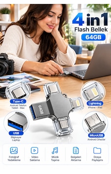 4 Farklı Bağlantı Noktasıyla Telefon Ve Bilgisayar Arasında Kolay Veri Aktarımı Sağlayan 64gb Flash Bellek 4 Farklı Bağlantı Noktasıyla Telefon Ve Bilgisayar Arasında Kolay Veri Aktarımı Sağlayan 64gb Flash Bellek
