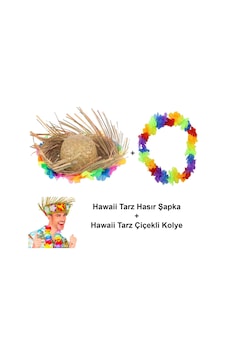 Hawaii Tarzı Tropikal Çiçekli Hasır Şapka Ve Çiçekli Hawaii Kolye Hawaii Tarzı Tropikal Çiçekli Hasır Şapka Ve Çiçekli Hawaii Kolye