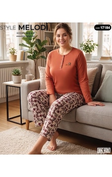 Melodi 17184 Uzun Kol %100 Pamuk Battal Büyük Beden Kadın Pijama Takımı Kiremit Melodi 17184 Uzun Kol %100 Pamuk Battal Büyük Beden Kadın Pijama Takımı Kiremit