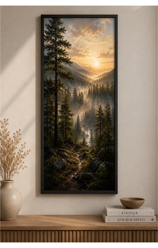 Sisli Çam Ormanı Gün Doğumu Manzara Tablosu 25x60 Cm Dikey Siyah Ahşap Çerçeveli Modern Duvar Dekoru Sisli Çam Ormanı Gün Doğumu Manzara Tablosu 25x60 Cm Dikey Siyah Ahşap Çerçeveli Modern Duvar Dekoru