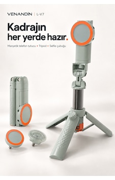 L-v7 Manyetik Bluetooth Kumandalı Tripod Selfie Çubuğu 64 Cm, 3 Ayaklı, 2 Kg Taşıma - Siyah Yeşil