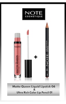Note Cosmetics Matte Queen Lipstick Kalıcı Likit Ruj 06 Noble Rose + Ultra Rich Color Dudak Kalemi 01 Sandy