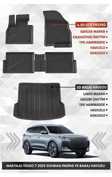 Chery Tiggo 7 Makyajlı 2025 Ve Sonrası Uyumlu 4.5d Premium Havuzlu Oto Paspas Ve Liner Bagaj Havuzu