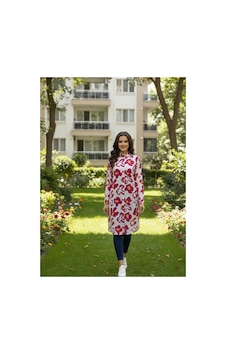 Polologin Butik Büyük Çiçek Desenli Düğmeli Tunik - Beyaz/fuşya Pembe Polologin Butik Büyük Çiçek Desenli Düğmeli Tunik - Beyaz/fuşya Pembe