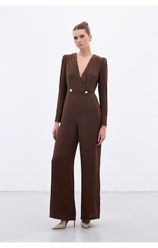 Sateen Kruvaze Süs Taşlı Krep Tulum - Kahve-136567 Kahve Sateen Kruvaze Süs Taşlı Krep Tulum - Kahve-136567 Kahve