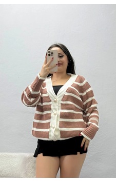 Belendir Kadın Çizgili Hırka Gül Kurusuekru ekru