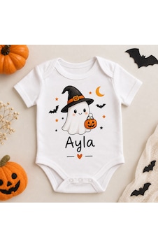 Hanova Creative Halloween Cadılar Bayramı Baskılı Bebek Zıbın Atlet İsme Özel Kişiselleştirilmiş Beyaz