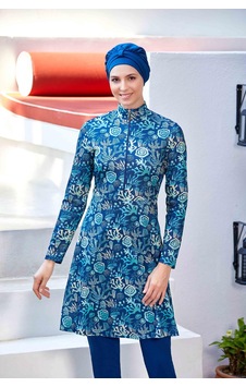 Fulla Moda Desenli 4 Lü Tesettür Mayo İndigo