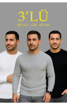 Barlashive Erkek Fitilli Triko Bisiklet Yaka Kalın Kazak 3'lü Set Beyaz-gri-siyah Çok Renkli