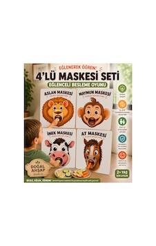 4'lü Ahşap Hayvan Maskesi Besleme Oyunu Seti 30x40 Cm Eğitici Aktivite Hayvan Maskesi Montessori Eğitici