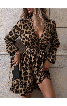 Bav Butik Ayvitrin Uzun Kollu Kruvaze Yaka Kuşaklı Leopar Kısa Dalgıç Elbise Kahverengi Bav Butik Ayvitrin Uzun Kollu Kruvaze Yaka Kuşaklı Leopar Kısa Dalgıç Elbise Kahverengi