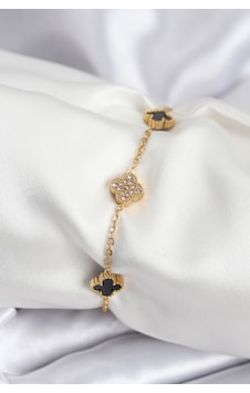 Tua Moda 316l Çelik Gold Renk Siyah Ve Zirkon Taşlı Baby Boy Yonca Kadın Bileklik Siyah
