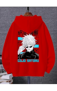 Arc Shoping Satoru Gojo Baskılı 3 İplik Şardonlu Sweatshirt - Siyah Beyaz Unisex Oversize Kapüşonlu Kırmızı
