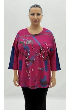 Büyük Beden Viskon Taşlı Cepli Kapri Kol Oversize Kadın Sweat Kırmızı
