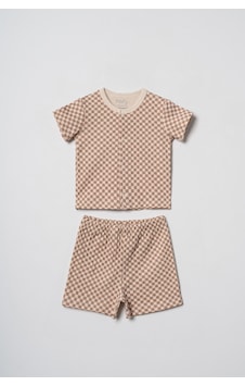 Hafy Baby Dama Desenli, Yazlık Erkek Bebek / Çocuk Şort Tişört Pijama Takımı Kahverengi