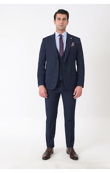 Efor Slim Fit Çift Yırtmaç Esnek Yünlü Lacivert Yelekli Takım Elbise Tk 958