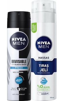 Nivea Men Hassas Tıraş Jeli 200 ML + Invisible Black & White Fresh Deosprey 150 ML Nivea Men Hassas Tıraş Jeli 200 ML + Invisible Black & White Fresh Deosprey 150 ML