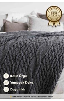 Home Kalın Örgü Battaniye Sofa & Yatak Üstü Dekoratif Battaniye 130cm X 170cm Antra Koyu Gri Koyu Gri