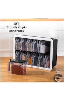 12'li Standlı Kaşıklı Baharatlık Seti Şeffaf