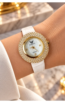 Rubenis Swiss Kadın Kol Saati Sarı Çelik 33mm Kristal Taşlı Gerçek Deri Kayışlı Beyaz Sedef Kadranlı Altın Rubenis Swiss Kadın Kol Saati Sarı Çelik 33mm Kristal Taşlı Gerçek Deri Kayışlı Beyaz Sedef Kadranlı Altın