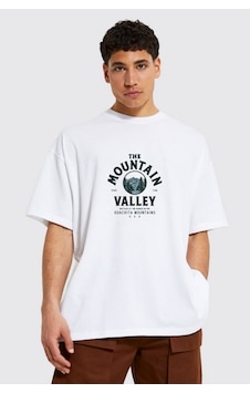 Prtnc Protonic Erkek Oversize Beyaz T-shirt Montain Baskılı %100 Pamuk Kalın Dokulu Çok Renkli