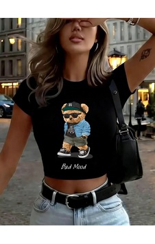 Noıssey Kötü Ruh Hali Karikatür Ayı Baskılar Kadın Kırpma Üstleri Yaz O-boyun İnce Tişörtler Yüksek E Siyah