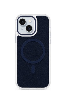 İphone 15 Uyumlu Uniq Magsafe Özellikli  Keten Kaplamalı Sararmaz Sert Telefon Kılıfı Lacivert
