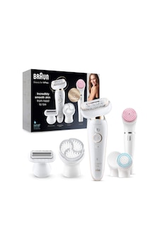 Braun Silk-épil 9 Flex Güzellik Seti, Kadın Epilatörü / Tüy Çıkarıcı, Facespa Yüz Temizleme Fırçası, 9 Aparat, Çanta, Tüyleri Daha Kolay Almak İçin Esnek Başlık, 9100, Beyaz/altın