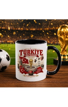 Bk Gift Türkiye Taraftar Temalı Dünya Futbol Kupası Tasarımlı Siyah Kupa Bardak-1 Tek Yürek Milli Takım Ruhu Beyaz