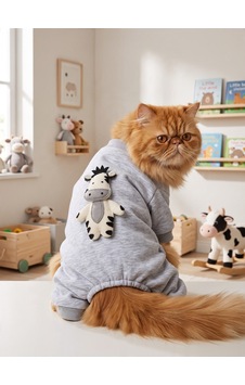 Moo Moo Cozy Kedi Tulumu Gri Melanj Kalın Penye Kedi Kıyafeti Moo Moo Cozy Kedi Tulumu Gri Melanj Kalın Penye Kedi Kıyafeti