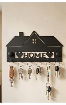 Ev Temalı Metal Anahtar Askısı - Home Yazılı 6 Kancalı Duvar Askısı Siyah