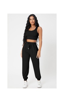 Fantezia Night Kadın Siyah Kaşkorse Cepli Jogger Eşofman Altı Ve Crop Top Bluz Fantezia Night Kadın Siyah Kaşkorse Cepli Jogger Eşofman Altı Ve Crop Top Bluz