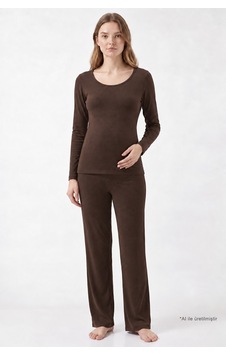 Cottonill Premium - Serene Collection Kahverengi Yüksek Bel Bol Paça Rib Dokulu Viskon Hamile Pijama Takımı Cottonill Premium - Serene Collection Kahverengi Yüksek Bel Bol Paça Rib Dokulu Viskon Hamile Pijama Takımı